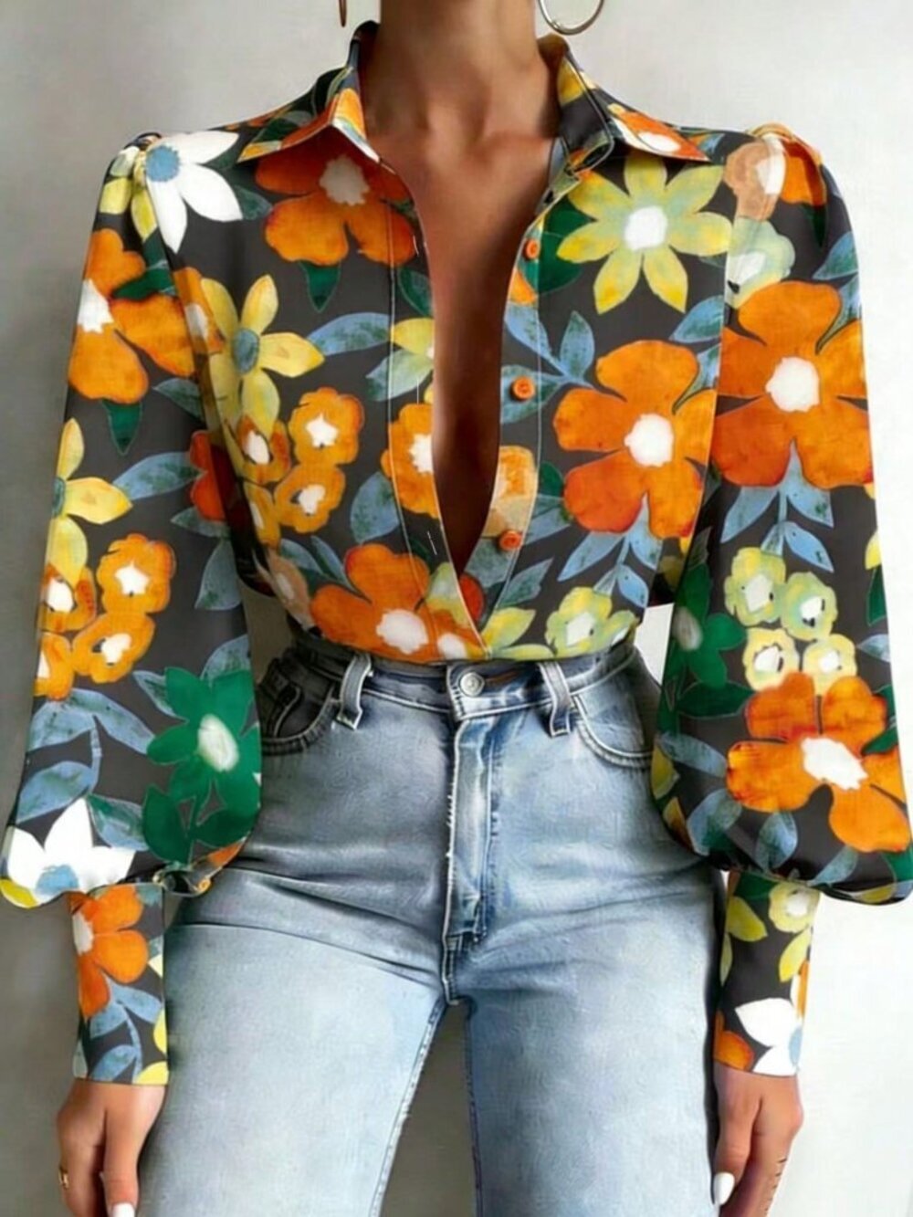 Boho Women's Floral Print Lantern Sleeve button down Shirt